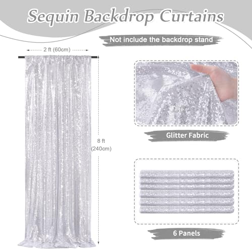 Image of Silver Sequin Backdrop Curtains-6 Panels 2FTx8FT Silver Backdrop for Valentines Day, Glitter Party Decorations Background Drapes for Wedding Birthday Anniversary Graduation Photo Booth Decor