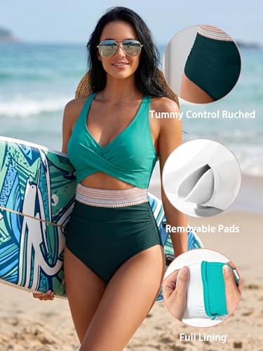 Image of B2prity One Piece Swimsuit for Women Tummy Control V Neck Bathing Suit Color Block High Waisted Cutout Swimwear