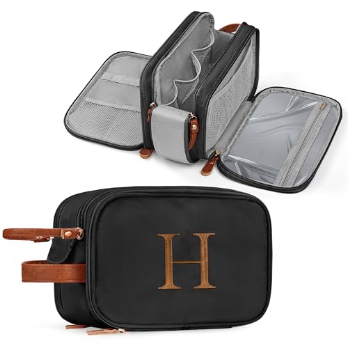 YOOLIFE Black Toiletry Bag - Personalized Birthday Gifts for Mens Women Initial Travel Toiletry Bag Essentials for Women Men, Portable Organizer for Accessories, Initial Makeup Bags Letter H Black