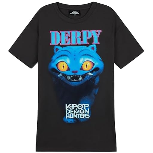 KPop Demon Hunters Oficial Derpy Tiger Camiseta Niña Manga Corta, Camisetas Algodon, 4-14 Años (7-8 Años, Negro/Azul Derpy) | Ya disponible en tu tienda friki favorita! En mundofriki.es!