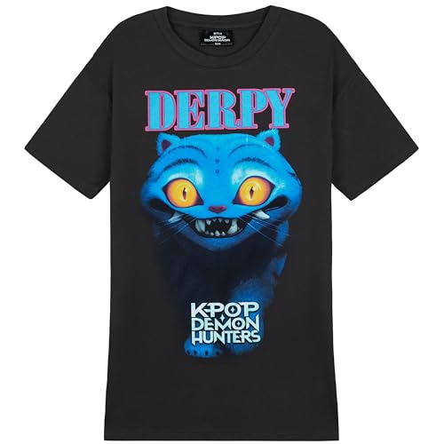 KPop Demon Hunters Official Derpy Tiger T-Shirt for Girls Teens Soft Cotton Crew Neck T-Shirt Gifts for Girls (7-8 Years Black/Blue Derpy)