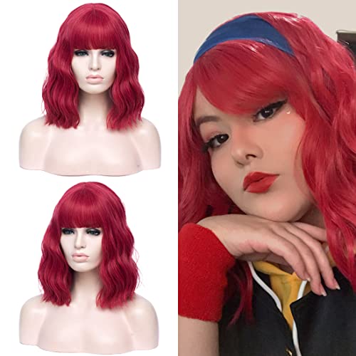 DWMGLP 14" Short Red Curly Wig For Women Girls Heat Resistant Fiber Wigs Halloween Cosplay Daily Party+Cap (Red)