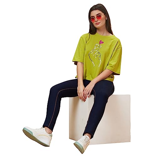 Image of Globus Women Green Printed Oversized T-Shirt-3638147001