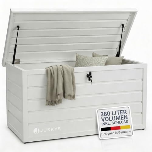 Juskys Metall Aufbewahrungsbox Limani 380 Liter - Outdoor Box - wasserdicht, abschließbar - Gartenbox, Auflagenbox, Kissenbox für Garten Weiß
