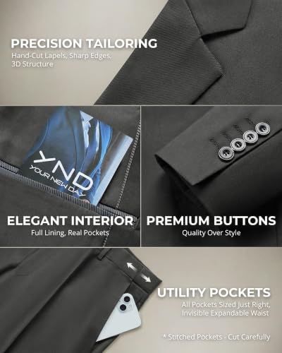 Image of YND Men's 3 Piece Suit with Tie, Solid Color Slim Fit Jacket Vest and Pants