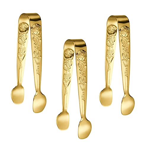 トング ステンレス トング ミニ アイストング シュガートング 薬味 角砂糖 氷 お菓子 ケーキ サラダ サービング BBQ トング ビュッフェ 焼肉トング キッチン 家庭用 業務用 3本セット 10.5cm (ゴールド)