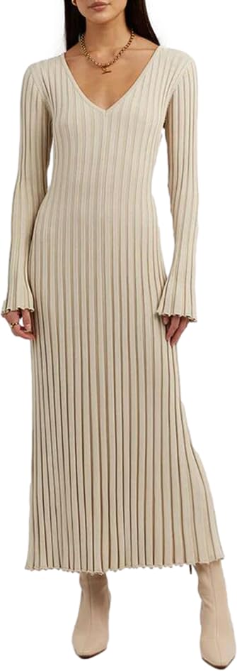 Image of Women's Long Knit Crewneck Sweater Dress Tie Waist A-Line Swing Pleated Bodycon