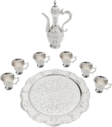 XweiQ Vintage Turkish Tea Set，with 6 Cups & Tea Tray Multifunctional Tea Set Coffee Set Crafted Tea Gift Set Tea Party Setfor Tea Coffee Wine(Silver)
