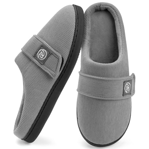 Zapatillas Casa Mujer con Espuma Viscoelástica y Plantillas Antideslizantes, Suaves y con Velcro,Parte Superior de Pana,Cómodas Zapatillas Mujer Casa de pelo Corto,en Negro y Gris 40-41