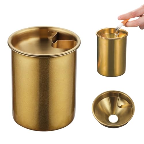 Image of HASTHIP Car Ash Tray Stainless Steel Golden Ashtray, Windproof Ashtray with Cigarette Holder & Funnel Lid, Car Ash Tray Table for Home Office, 3.9 x3.9 x3.9 inches (Golden)