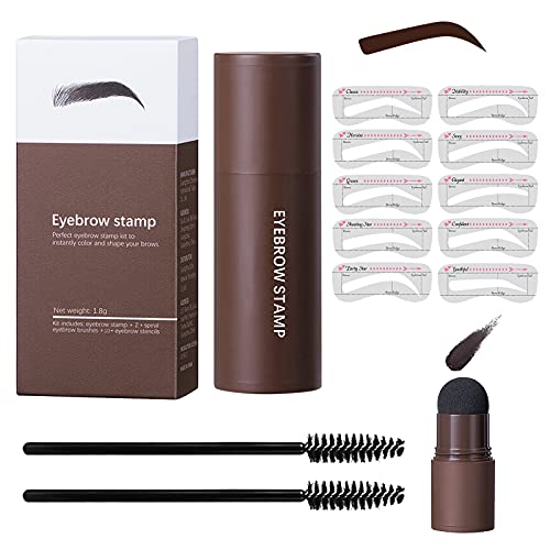 Eye-Brow Stamp Stencil Kit, Waterproof Brow Stamp Shaping Kit, Eyebrow Stencil Eyebrow Filling Powder Stamp Kit, Women Makeup Tools with 10 Reusable Eyebrow Stencils, 2 Eyebrow Brushes (Dark Brown)