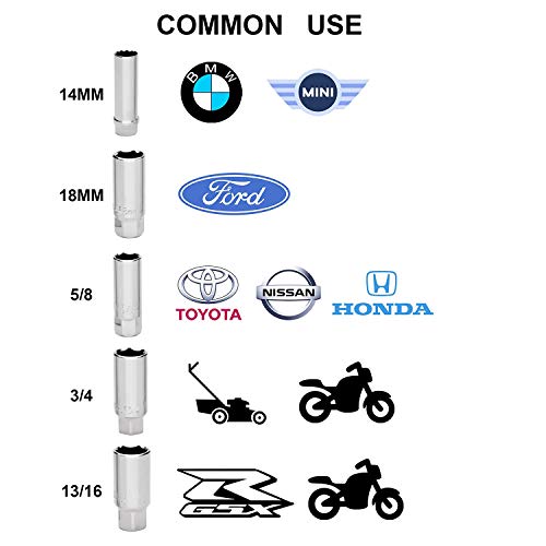 Renekton 3/8 Inch Drive Spark Plug Socket Set, Rubber Retaining Inserts, Sae And Metric, 5/8-Inch, 3/4-Inch, 13/16-Inch, 14Mm, 18Mm, With 90-Tooth Ratchet Wrench And Extension Bars, 7 Pieces #TOP1