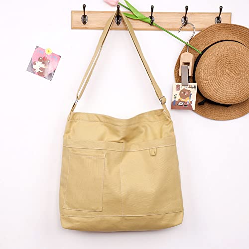 Image of Cotton Tote Handbag Women Canvas Crossbody Beach Bag Hobo Shoulder Tote Bag with 3 External Pocket,Zipper Closure