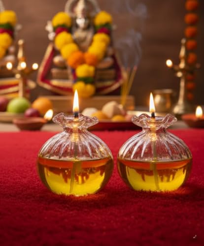 Image of Glass Chambu Modak Shape Diya | Borosilicate Glass Oil Lamp | Reusable & Eco-Friendly Pooja Diya for Home Mandir, (Transparent, 5.5 x 5.25 cm), 60ML, Pack of 2 Pcs
