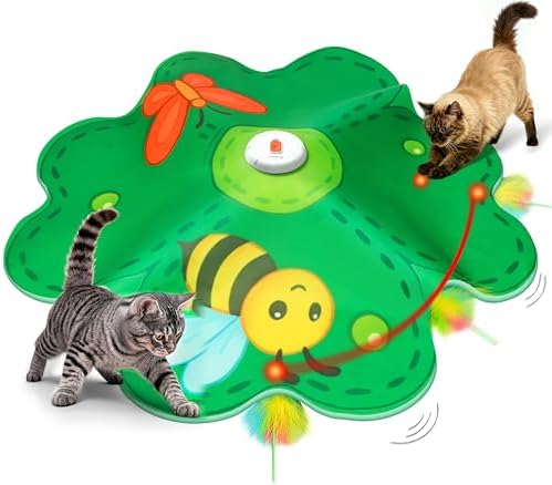 FEELNEEDY Juguete Interactivo para Gatos, Punto Rojo LED Móvil, Juguetes para Gato, Plumas Móviles Ocultas, Juguete de Ejercicio Recargable para Gatos de Interior