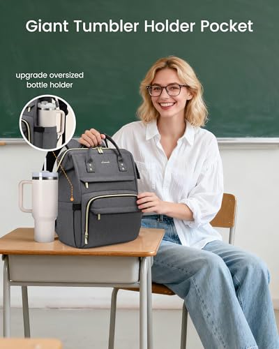 Image of LOVEVOOK Laptop Backpack for Women with Giant Tumbler Holder Pocket,15.6 inch Waterproof Travel Backpack Purse Computer Laptop Bag,Professional Work College Nurse Teacher Backpack Daypack,Dark Grey