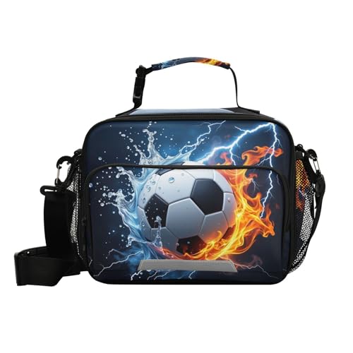 Kcldeci Insulated Lunch Bag for Women/Men Soccer Ball In Fire And Water Reusable Lunch Box for Office Work School Picnic Beach - Leakproof Cooler Tote Bag Freezable Lunch Bag