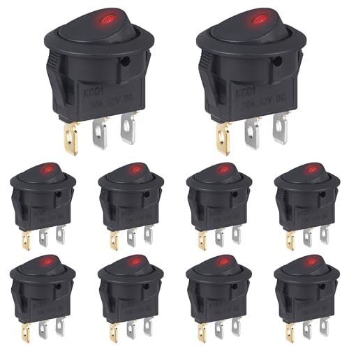 VEXUNGA Rocker switch 12V 20A DC 3-Pin Illuminated Round with LED Red 12 Volt On/Off 2 Position Car Built-in Self-Locking Square Round (Pack of 10)