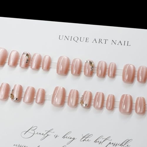 Auriselle Press on Nails Court 30 Pièces Françaises Faux Ongles Courts Arrondis Ongles Artificiels avec des Diamants Roses yeux de Chat sur les Ongle Brillants Coller les Ongles – vue 4