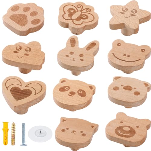 voleseni 2 pomos de muebles de madera con motivos de animales, botones decorativos de madera, ganchos adhesivos, tiradores, tiradores de muebles, tiradores de cajones, ganchos de pared para armarios,