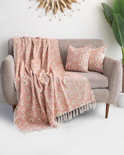 Image of Cotton Sofa Throw Floral Printed, Pink Couch Cover, 177.8 x 127 cm or 50x70 Inch (Sunflower Daisy Print)