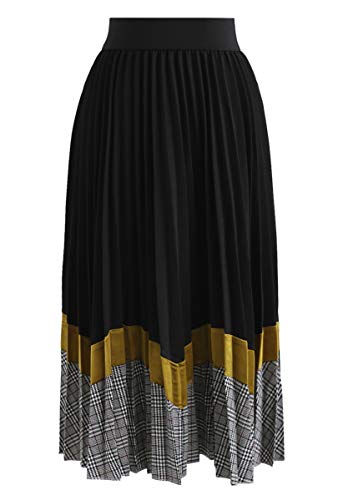 Chicwish Women's Black and Mustard Color Blocks Tartan Pleated A-Line Midi Prom Party Skirt