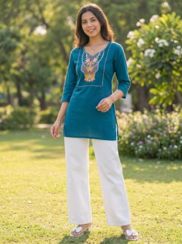 Image of Cotton Blend Embroidered Straight Kurta for Women | Cotton Blend | 3 /4 Sleeve | Round Neck V-Slit | Ethnic Wear Casual Wear