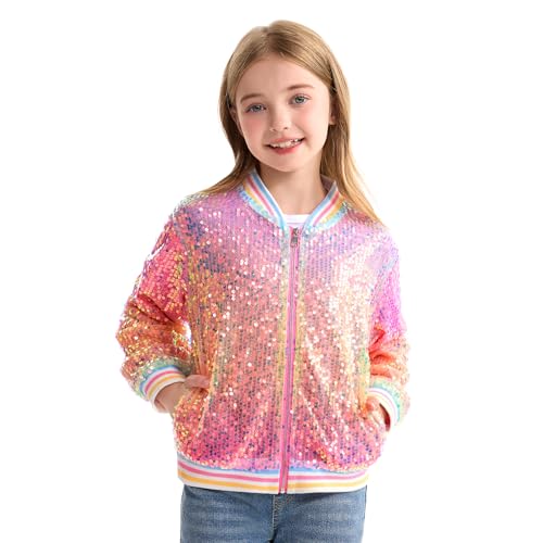 Image of LOLANTA Girls Sequin Jacket, Long Sleeve Kids Bomber Coats with Pockets, Spring Fall Outfits for 4-15 Years