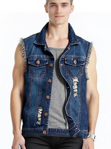 LONGBIDA Men's Denim Vest Casual Slim Fit Sleeveless Jacket Vintage Ripped Summer Jean Vests2