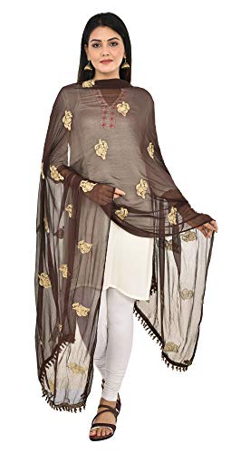 Image of YOUTHQUAKE Golden Patti Embroidered Work Chiffon Dupatta for Womens & Girls with Jaalar Lace