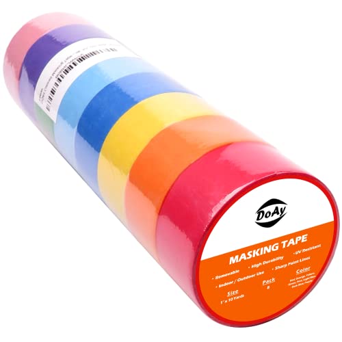 Doay Colored Masking Tape 1" X 10 Yards - Multi Colored - Multi Surface Use - 8 Rolls #TOP2