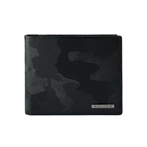 Image of POLICE Men's Genuine Leather Slim Wallet with Coin Purse, Credit Card Holder and Gift Box, Black Camouflage, Modern