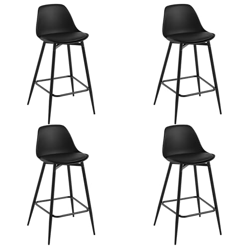 Klihome Lot de 4 Tabourets Bar, Tabourets de Bar pour Petit-Déjeuner, Tabourets de Cuisine avec Dossier, Siège Rembourré en PP et Cadre en Métal avec Repose-Pieds, Noir, K0001BH-4