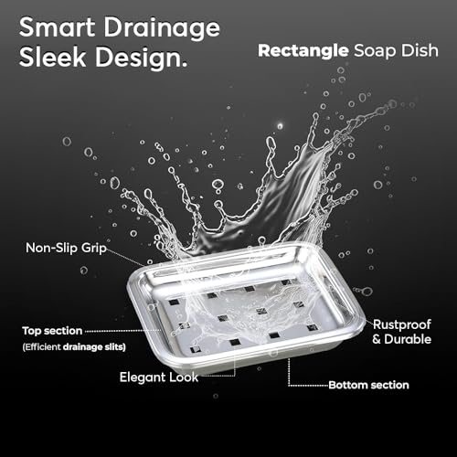 Image of Expresso Soap Dish Holder Stainless Steel Double Layer Soap Tray with Drain for Bathroom, Shower, Tub and Kitchen Sink (Rectangle)