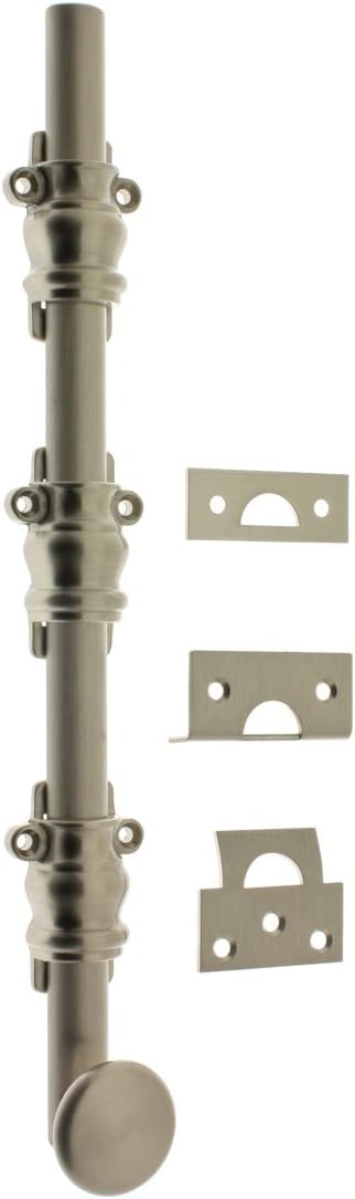 idh by St. Simons 11208-15A Premium Quality Solid Brass Round Knob Ornamental Surface Bolt with 2" Barrel Guide, 12-Inch, Antique Nickel