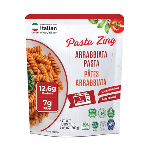 Pasta Zing Arrabbiata Pasta, Spicy Italian Al-Dente Fusilli, Ready in 1 Minute, Made with 100% Durum Wheat, 12.6g Protein 7g Fiber, Clean Label Shelf-Stable, 7.05 oz Pouch, Pack of 7