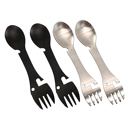 TOYMYTOY 4個 多機能ステンレス製ポータブルアウトドア食器点 フォークスプーン栓抜き缶切り付き キャンプ 旅行用コンパクト軽量カトラリー