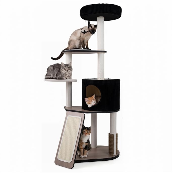 GOPLUS 155 cm Katzenkratzbaum mit Katzenhöhle & 3 Plattformen | Kratzbaum, Katzenbaum groß mit Kratzsäulen, Kratzbrett, Katzenbürste, Feder-Spielzeug, Spielball, Katze, Schwarz + Weiß