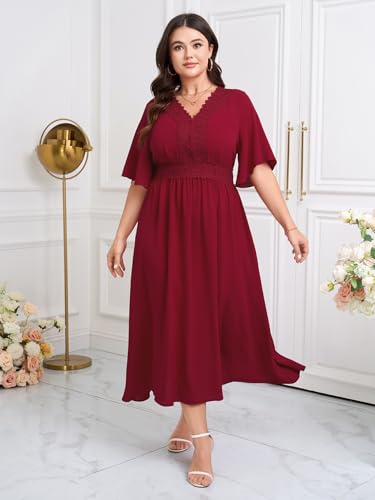 Image of SCOMCHIC Womens Plus Size Summer Maxi Dress Short Sleeve V-Neck Lace Boho A-Line Slit Flowy Wedding Guest Cocktail Dresses