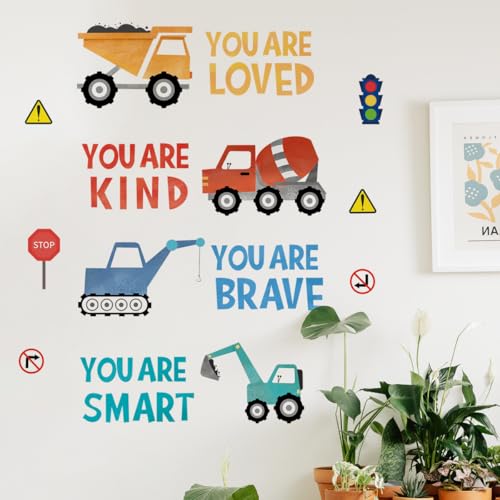 Runtoo Construction Wall Decals for Boys Bedroom Boho Inspirational Quotes Truck Vehicles Wall Stickers Toddler Kids Room Classroom Wall Decor