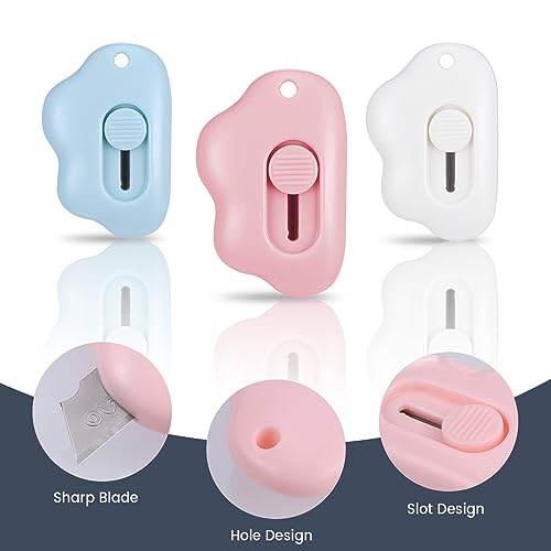 JIANTA Mini Box Cutter, 3Pcs Mini Cloud Utility Cuttermesser, Einziehbarer Brieföffner Universalmesser, Tasche Messer Tragbares Brieföffner mit Schlüsselanhänger für Pappe, Papier, Schachtel