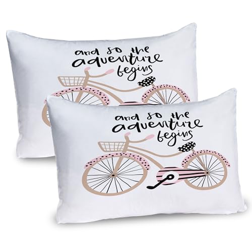 Ambesonne Adventure Cartoon Pillow Sham Set of 2, Bicycle with and so The Adventure Begins Hand Drawn Phrase, Quality Microfiber Bedding Item for All Seasons, 26
