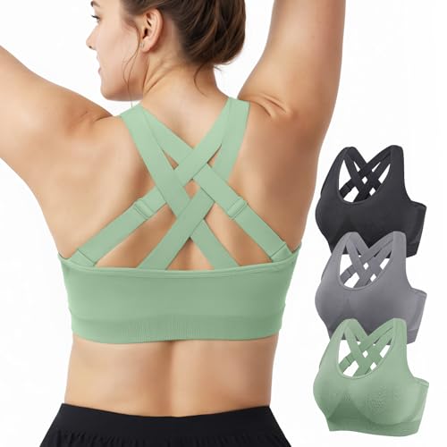 Sports Bras for Women High Support: Padded Workout Strappy Criss Cross Back Running Yoga Gym Seamless Medium Impact Push Up Crazy Girl Plus Size Bra 3 Pack Top Multipack Large Bust Breast White Black