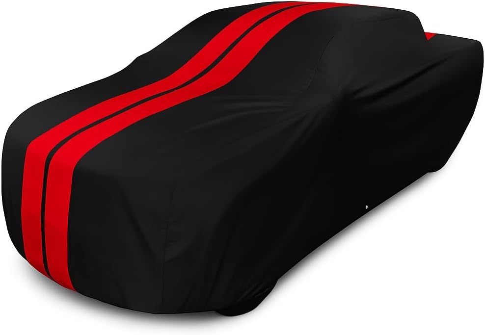 SR1 USA 1999-2026 Silverado/Sierra Car Cover Custom Fit - Indoor/Outdoor Ultraguard Plus 300 Denier UV Protection Water Resistant with Cotton Lining for Chevrolet/GMC 1500 (Black with Red Stripes)