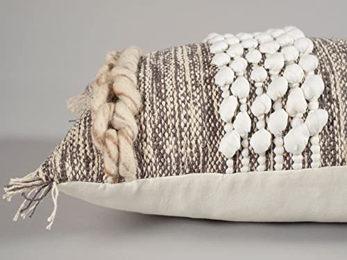 Extra Long Lumbar Pillow Cover (12 X 20 Inches) | Hand-Woven Cotton, Grey-White Pillow Linen Cover | Rustic Décor Boho Cushion Cover | Textured Farmhouse Pillow Case | Decorative Throw Pillow Dress #TOP2