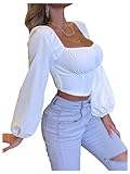 Floerns Women's Lantern Sleeve Shirred Blouse Square Neck Ruched Bust Crop Top White Medium