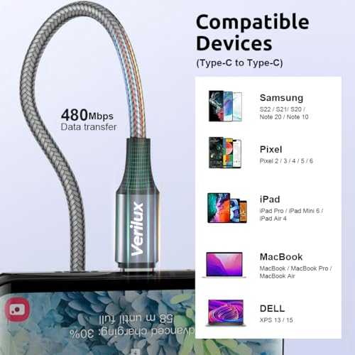 Image of Verilux 3M /9.8Ft Type C to Type C Cable, PD 60W Fast Charging USB C Cable, 480Mbps Data Transfer Cable Nylon Braided C to C Type for iPhone 17 /16 /15, Galaxy S25 /S24 /S23, MacBook, iPad