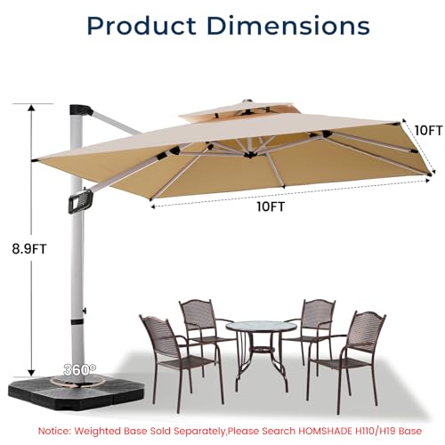 HOMSHADE Aluminum Cantilever Patio Umbrella - Large Offset Heavy-Duty Umbrella with 360° Rotation, Infinite Tilt, Double Top, 10-Year Rustproof, 5-Year Fade-Resistant for Outdoor, Pool