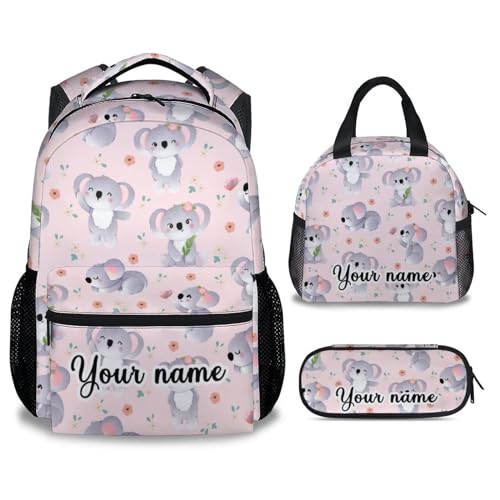Custom Koala Backpack with Lunch Box, Set of 3 School Backpacks Matching Combo for Girls Boys, Cute Pink Bookbag and Pencil Case Bundle