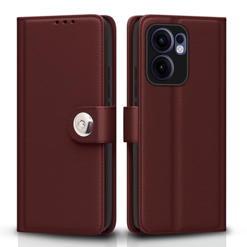 Image of Pikkme Flip Cover Leather Finish | Inside TPU with Card Pockets | Wallet Stand and Shock Proof | Complete Protection Button Flip Case for Oppo Reno 13F 5G(Brown)